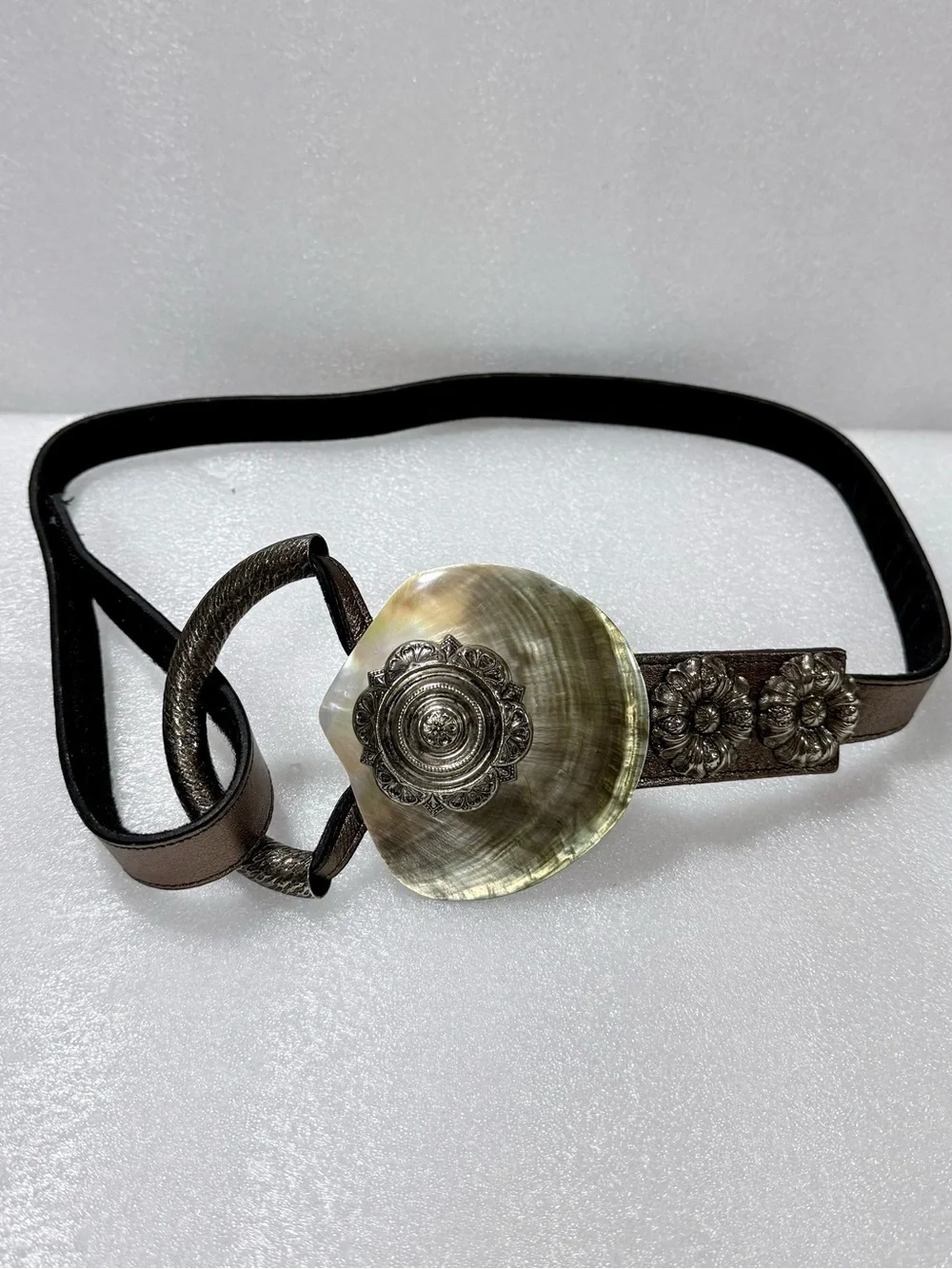 Vintage Artisan  Belt with Genuine Shell Buckle & Silver Metal Floral Conchos